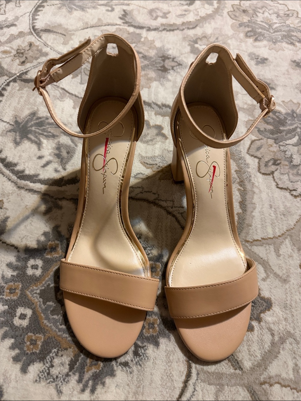 Jessica Simpson Beige Ankle-Strap Block Heel Sandals